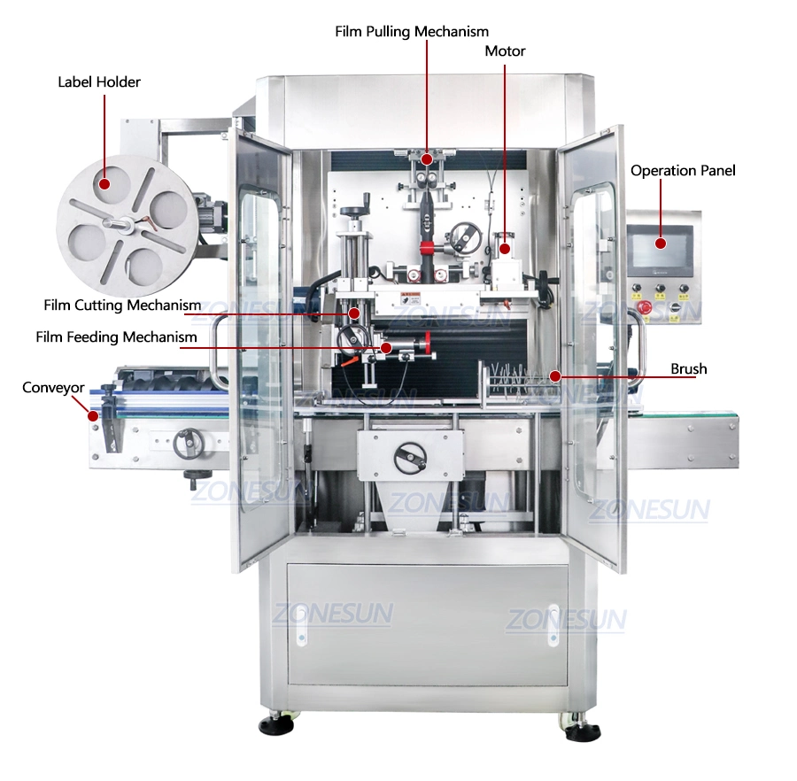 Zonesun Automatic Heat Cap Mineral Water Beverage Bottle PVC Film Sleeving and Shrinking Wrap Labeling Applicator Machine